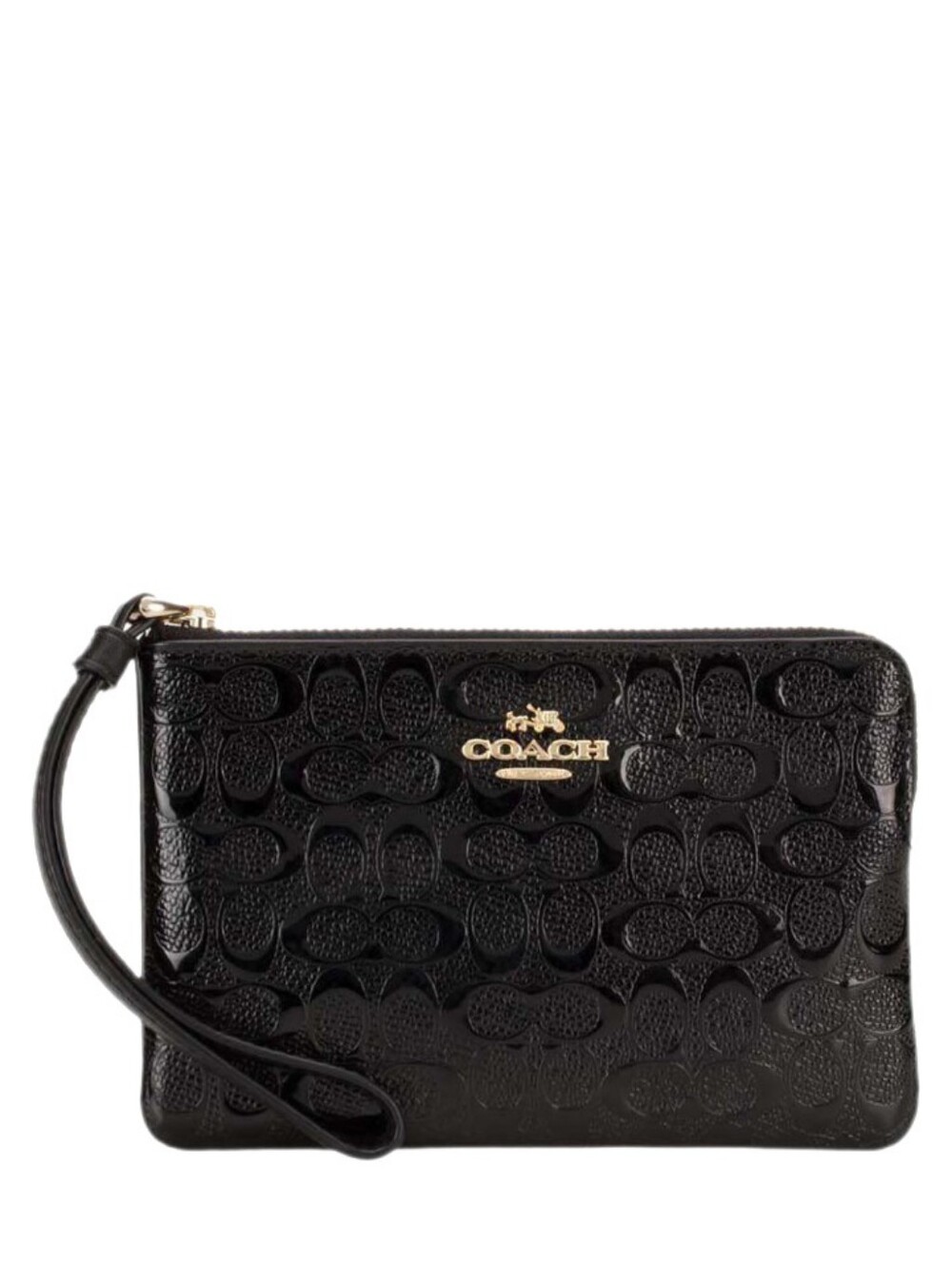 😍 Coach Jet Black Debossed Signature Patent Leather Corner Zip Wallet Wristlet